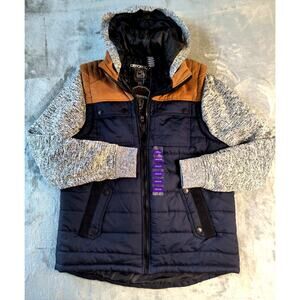 Distortion Men's Navy/Tan/Gray Quilted Hooded Jacket - Size Men's M -  NWT
